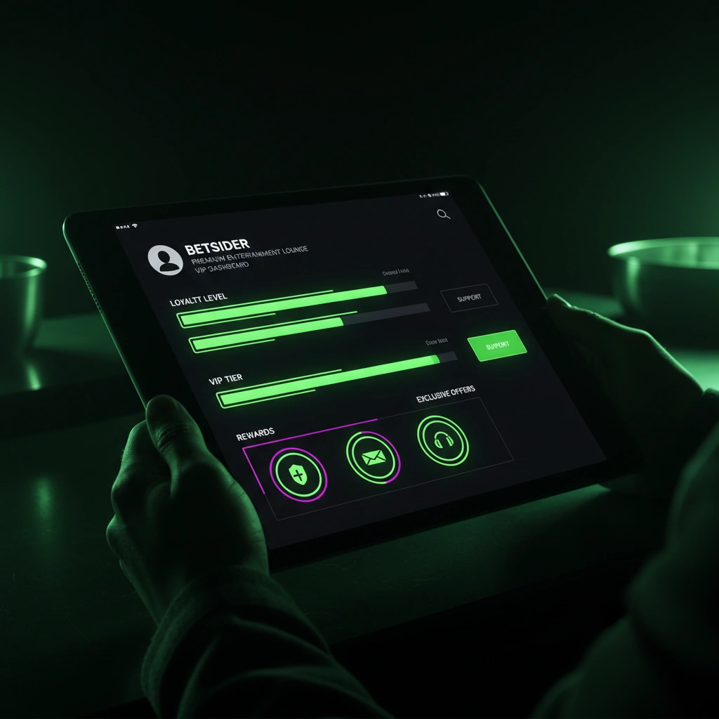 Übersicht des Betsider VIP-Dashboards mit Kontostatus, Cashback-Stufen und direktem Manager-Kontakt.